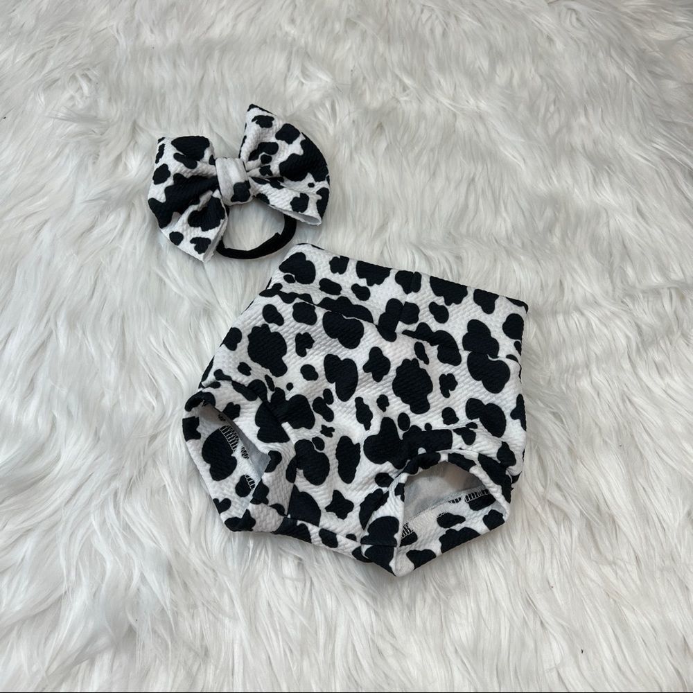 Cow print Bummie and bow set for baby girl